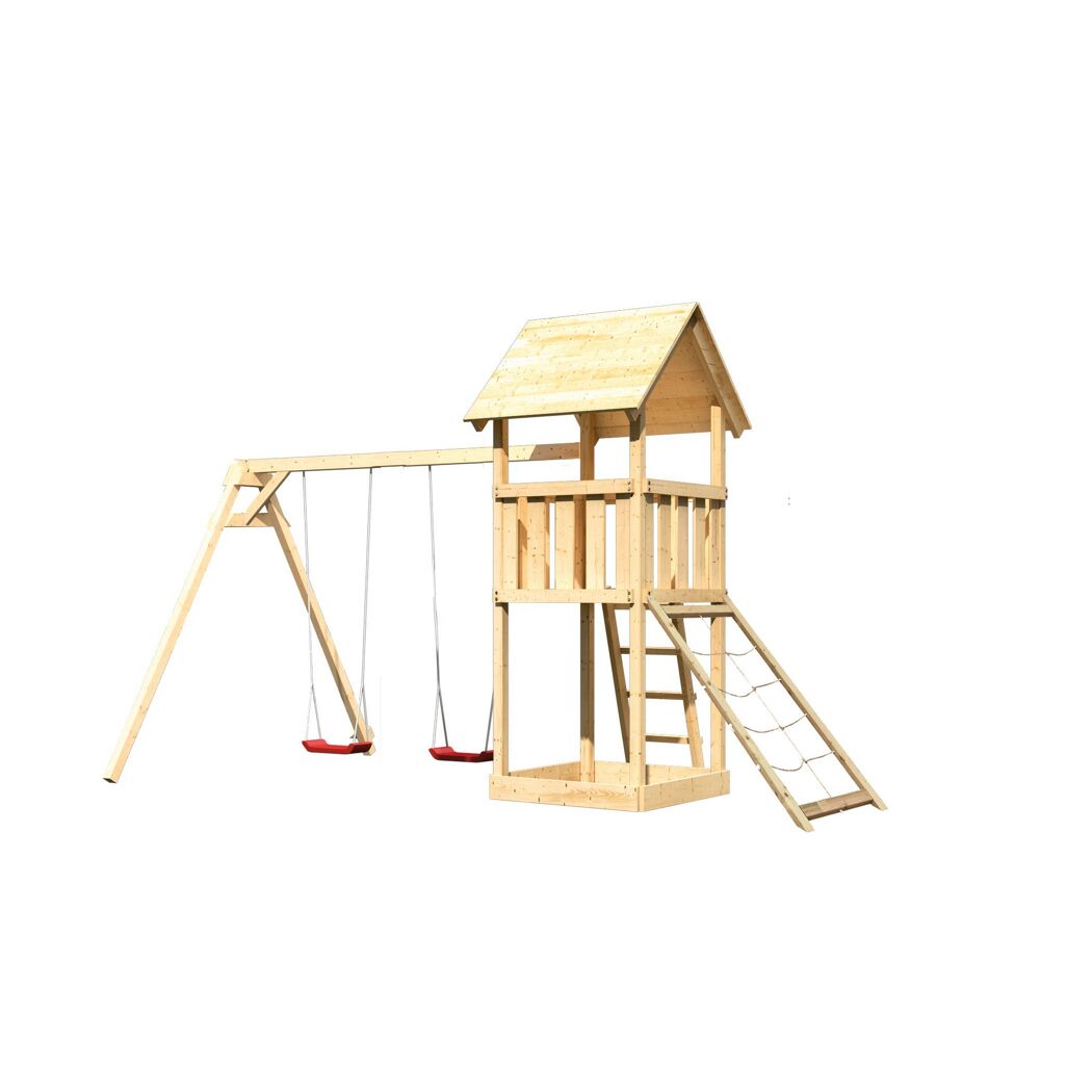 Kinderspielturm 'Lotti' mit Doppelschaukel und Netzrampe natur 107 x 107 cm