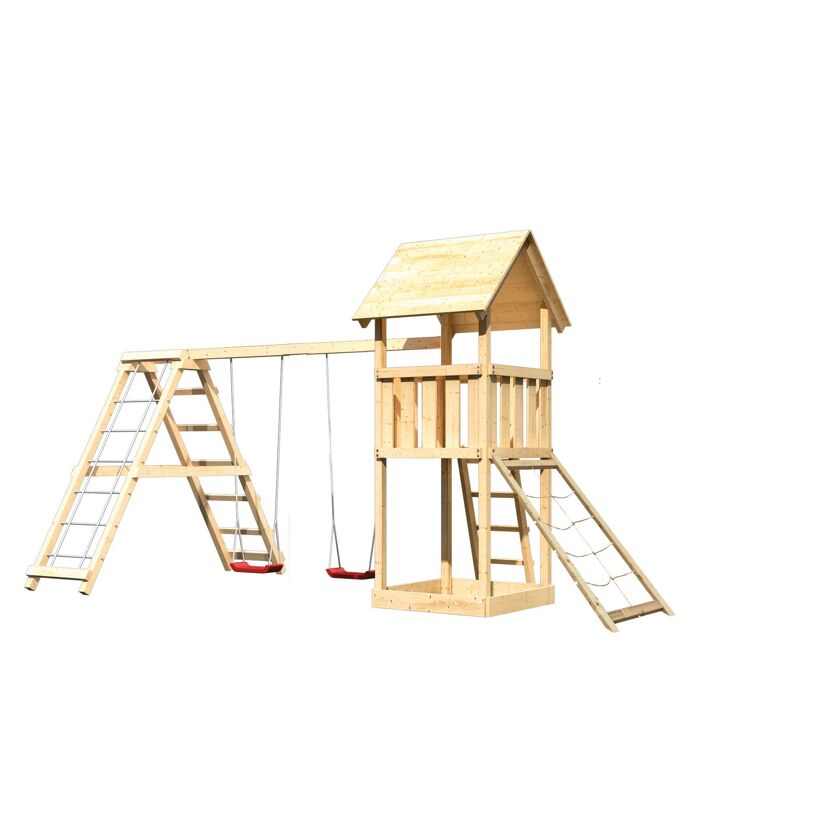 Hölzernes Spielgerät mit Schaukel und Rutsche