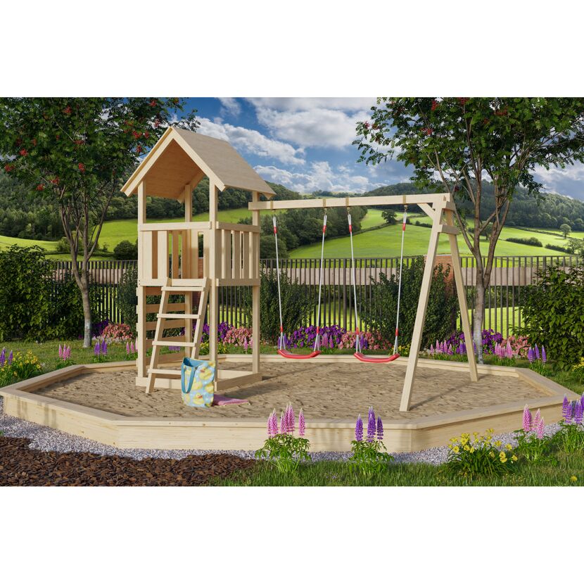 Kinderspielturm 'Lotti' mit Doppelschaukel und Kletterwand natur 107 x 107 cm