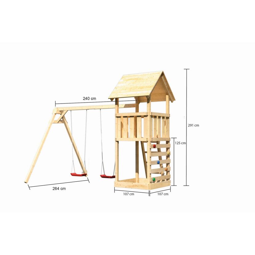 Kinderspielturm 'Lotti' mit Doppelschaukel und Kletterwand natur 107 x 107 cm