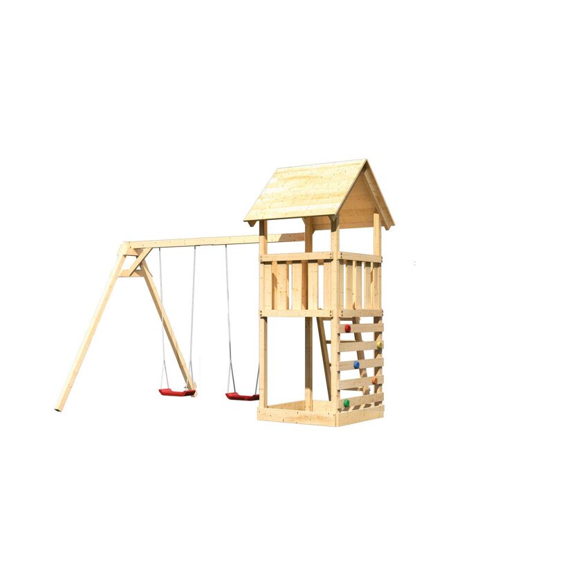 Kinderspielturm 'Lotti' mit Doppelschaukel und Kletterwand natur 107 x 107 cm