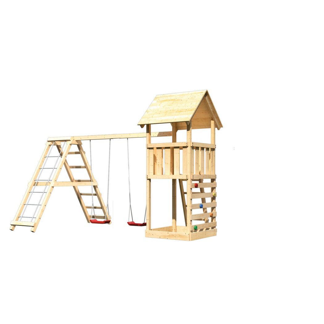 Hölzerner Spielturm mit Schaukel und Leiter