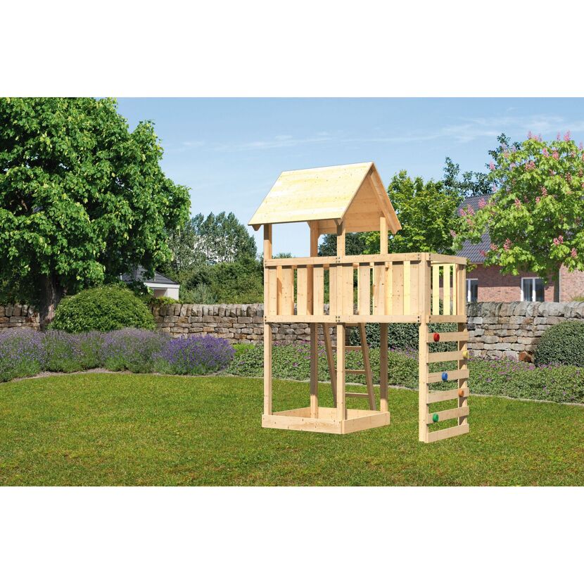 Spielturm 'Lotti' naturbelassen mit Anbauplattform und Kletterwand 107 x 291 x 107 cm