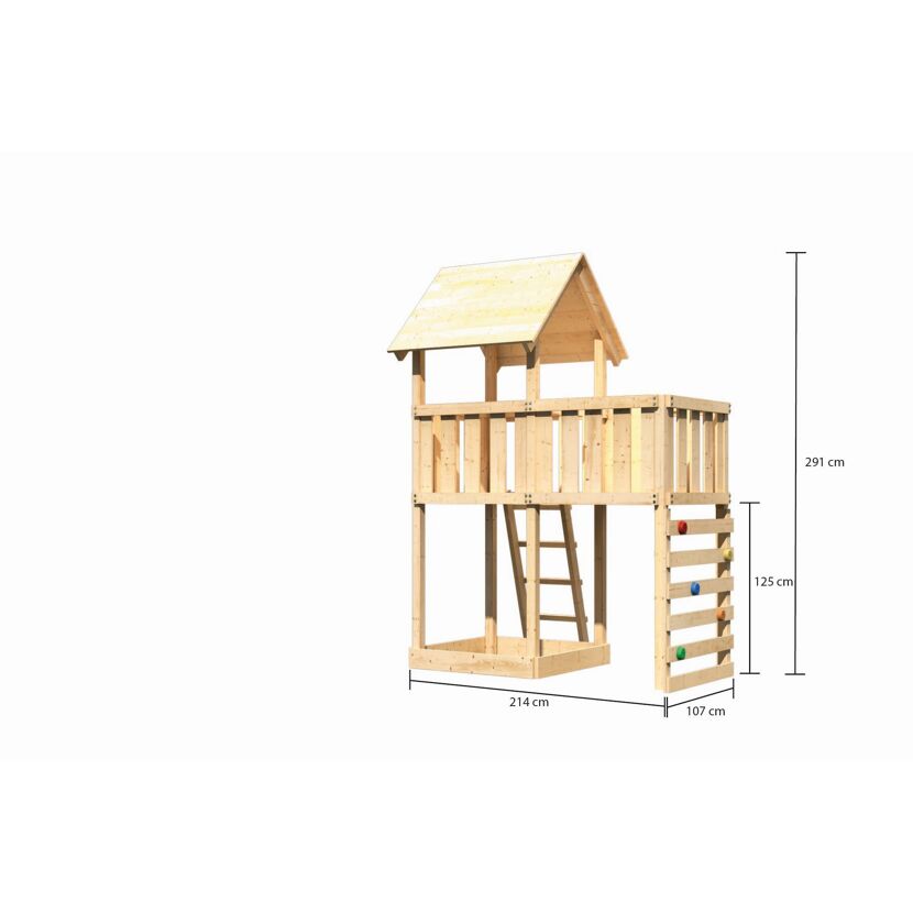 Spielturm 'Lotti' naturbelassen mit Anbauplattform und Kletterwand 107 x 291 x 107 cm