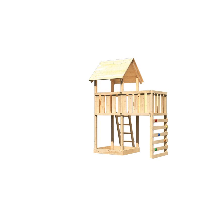 Spielturm 'Lotti' naturbelassen mit Anbauplattform und Kletterwand 107 x 291 x 107 cm