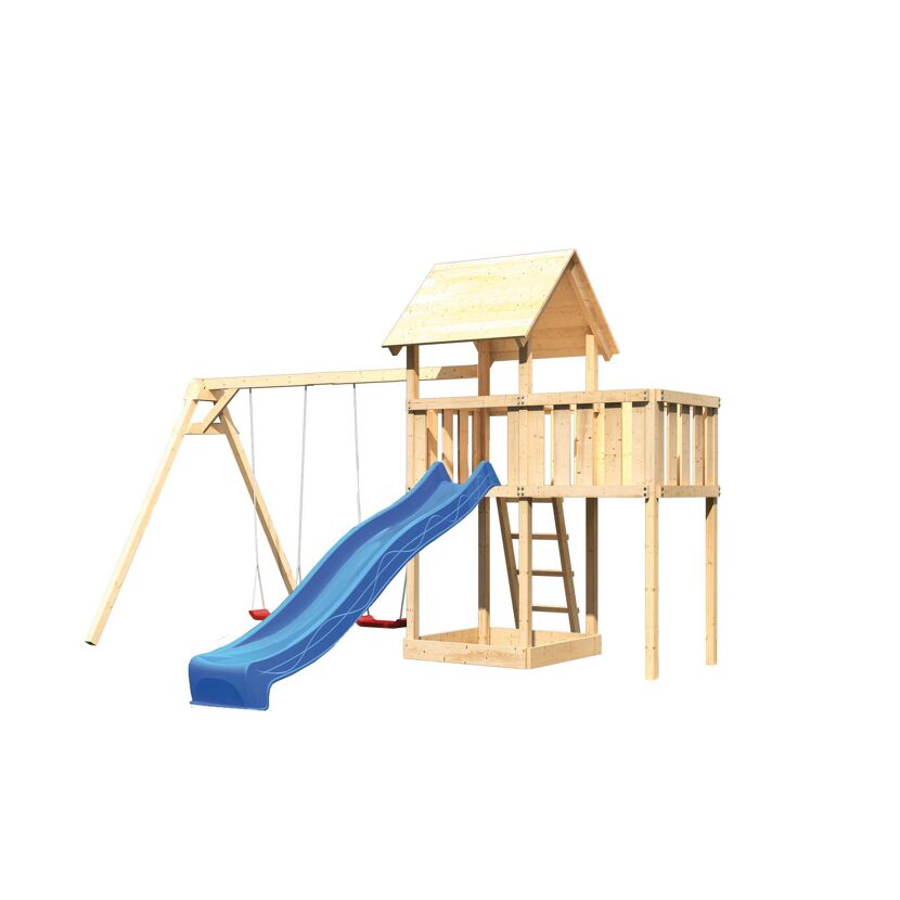 Hölzernes Spielgerät mit Schaukel und Rutsche