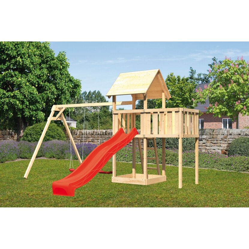 Hölzernes Spielgerät mit Schaukel und Rutsche