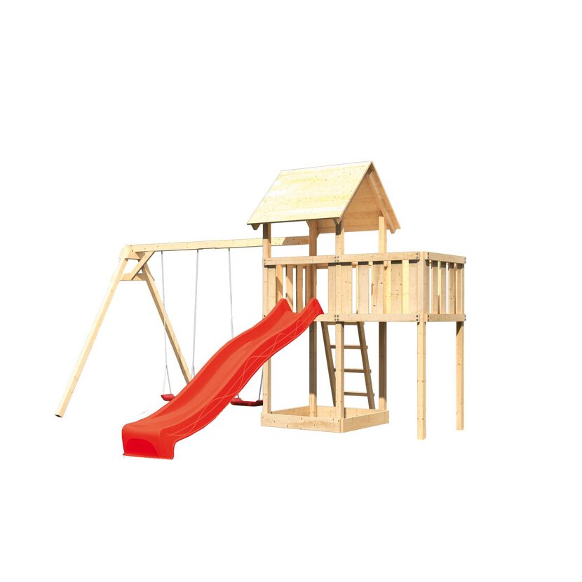 Hölzernes Spielgerät mit Schaukel und Rutsche