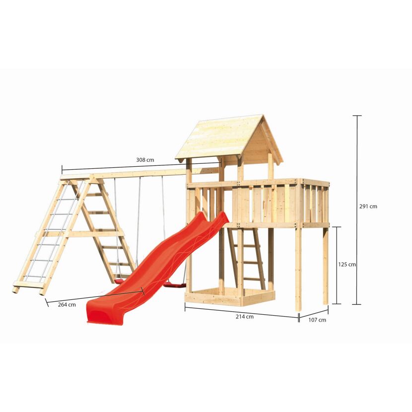 Hölzerner Spielturm mit Rutsche und Schaukel