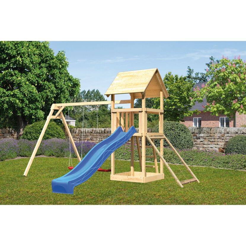 Holzspielturm mit Rutsche und Schaukel