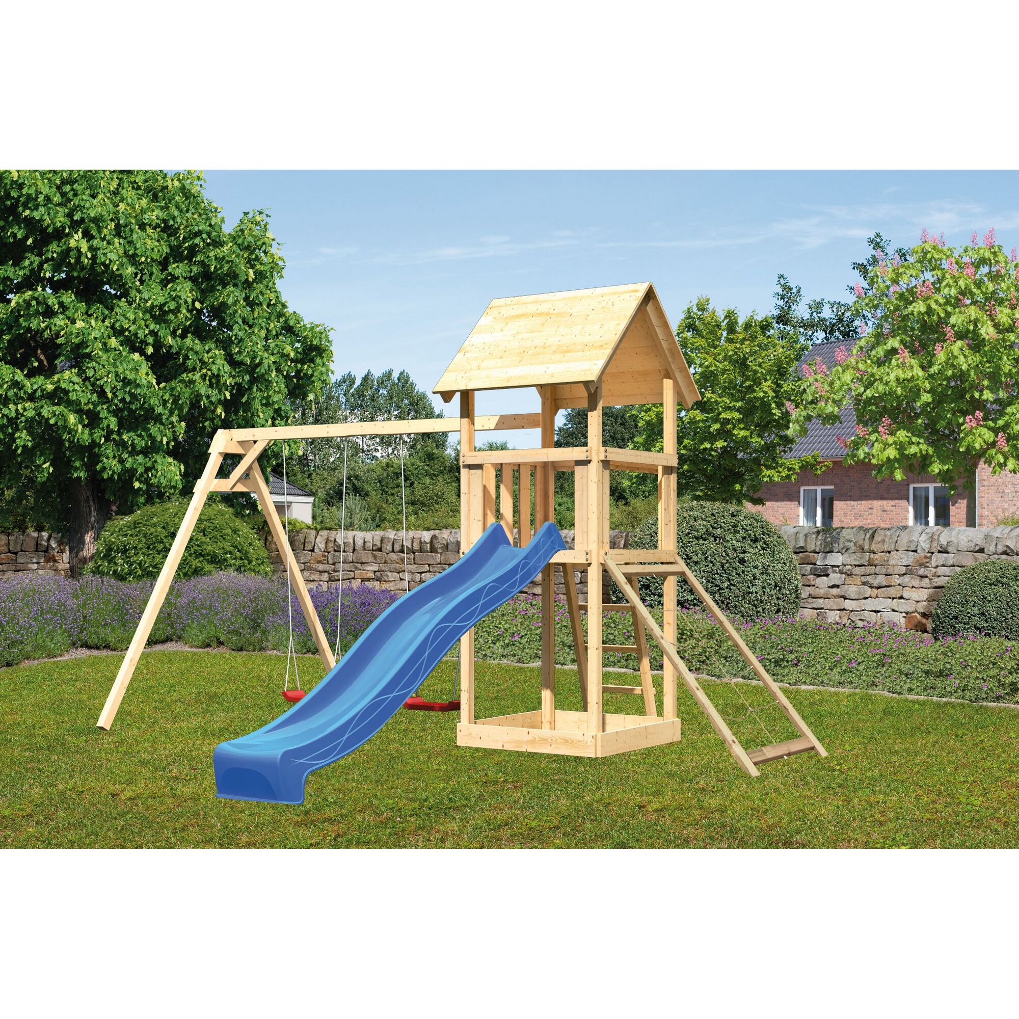 Holzspielturm mit Rutsche und Schaukel