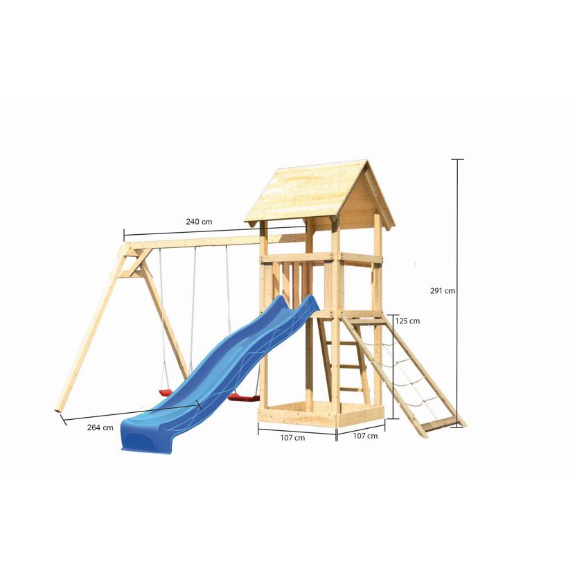 Hölzerner Spielturm mit Rutsche und Schaukel