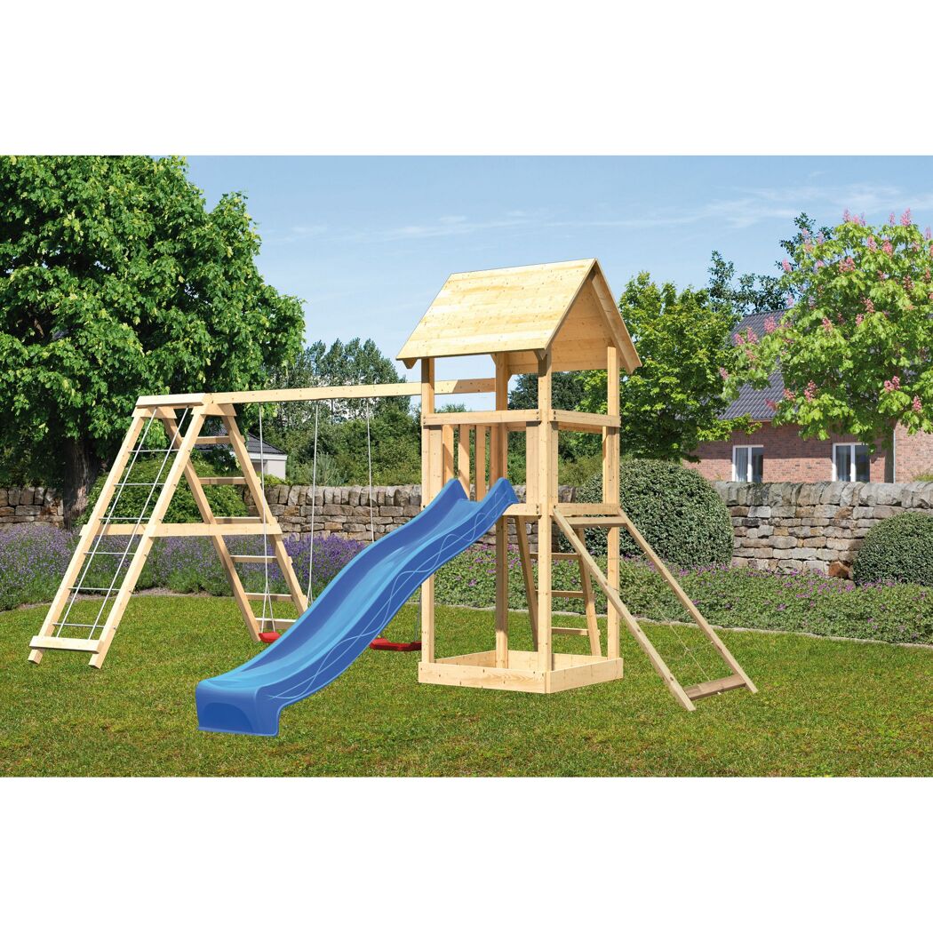 Hölzernes Spielgerät mit Rutsche und Schaukel