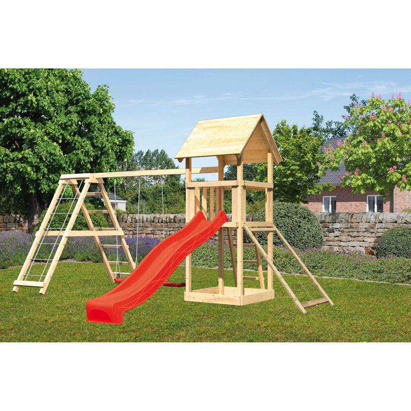 Hölzerner Spielturm mit Rutsche und Schaukel