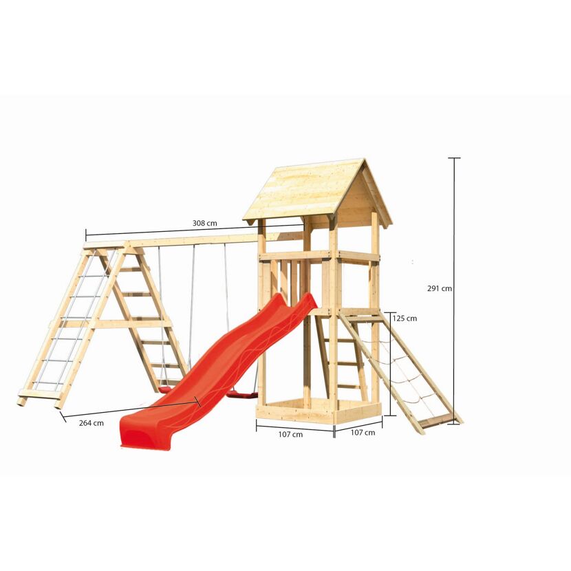Hölzernes Spielgerät mit Schaukel, Rutsche und Kletterwand