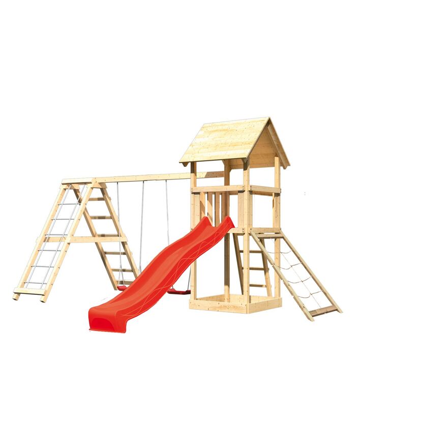 Hölzerner Spielturm mit Rutsche und Schaukel