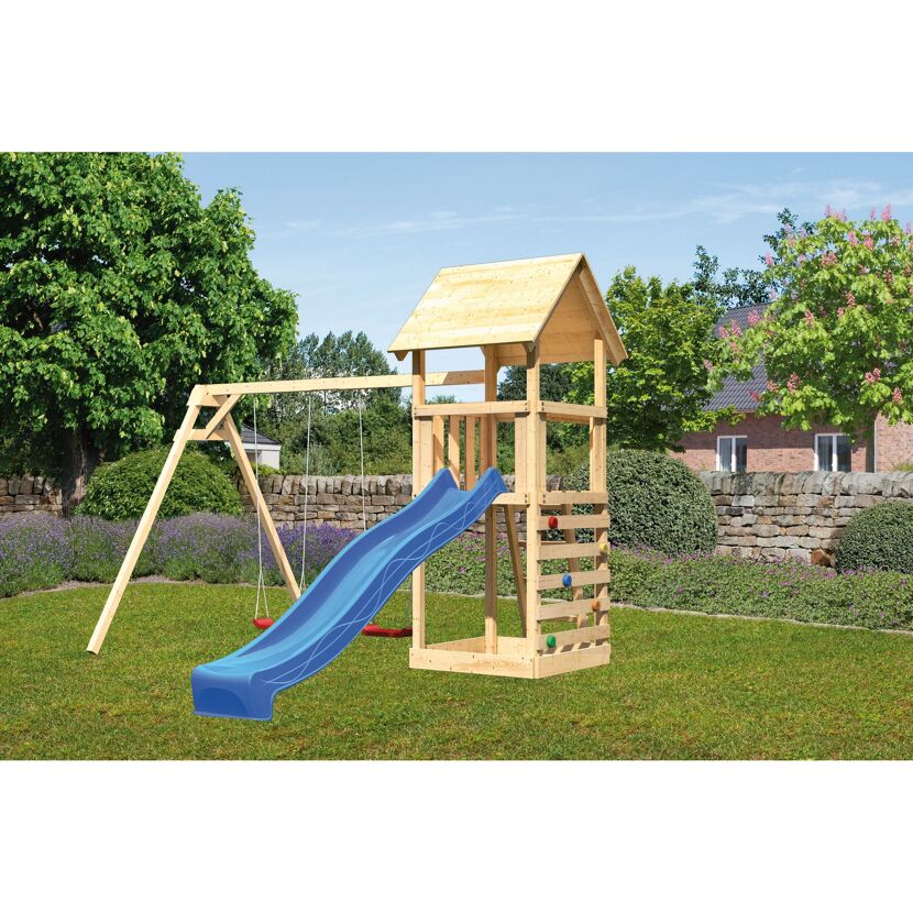 Spielturm 'Lotti' naturbelassen mit Rutsche blau, Kletterwand und Doppelschaukel 107 x 291 x 107 cm
