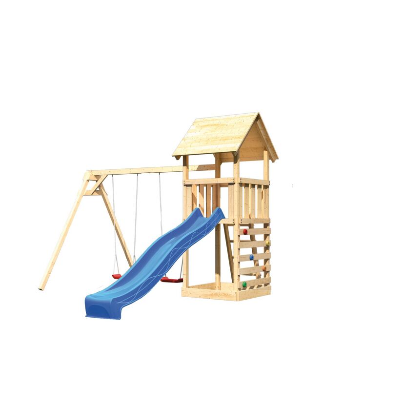 Spielturm 'Lotti' naturbelassen mit Rutsche blau, Kletterwand und Doppelschaukel 107 x 291 x 107 cm