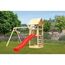 Spielturm 'Lotti' naturbelassen mit Kletterwand Doppelschaukel und Rutsche rot 107 x 291 x 107 cm