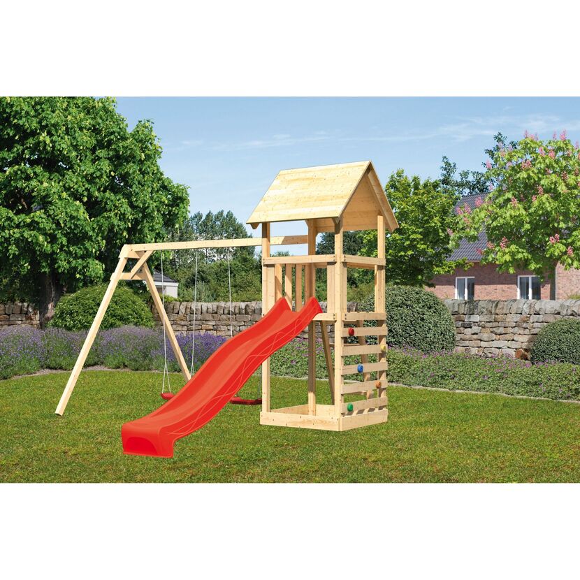 Spielturm 'Lotti' naturbelassen mit Kletterwand Doppelschaukel und Rutsche rot 107 x 291 x 107 cm