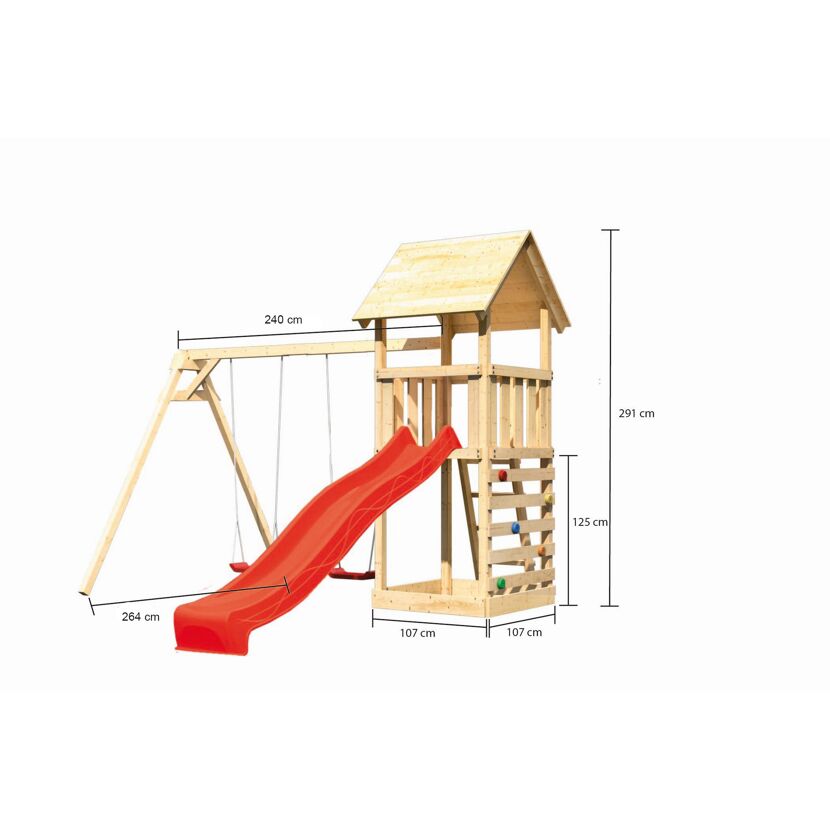 Spielturm 'Lotti' naturbelassen mit Kletterwand Doppelschaukel und Rutsche rot 107 x 291 x 107 cm