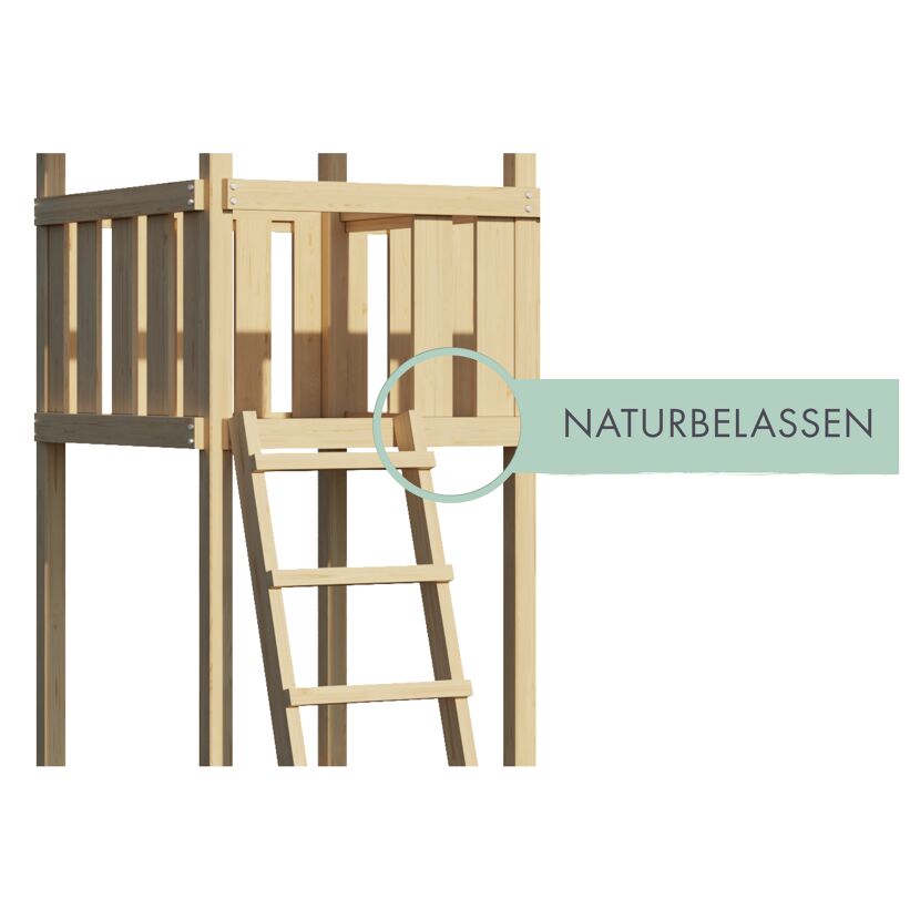 Spielturm 'Lotti' naturbelassen mit Kletterwand Doppelschaukel und Rutsche rot 107 x 291 x 107 cm