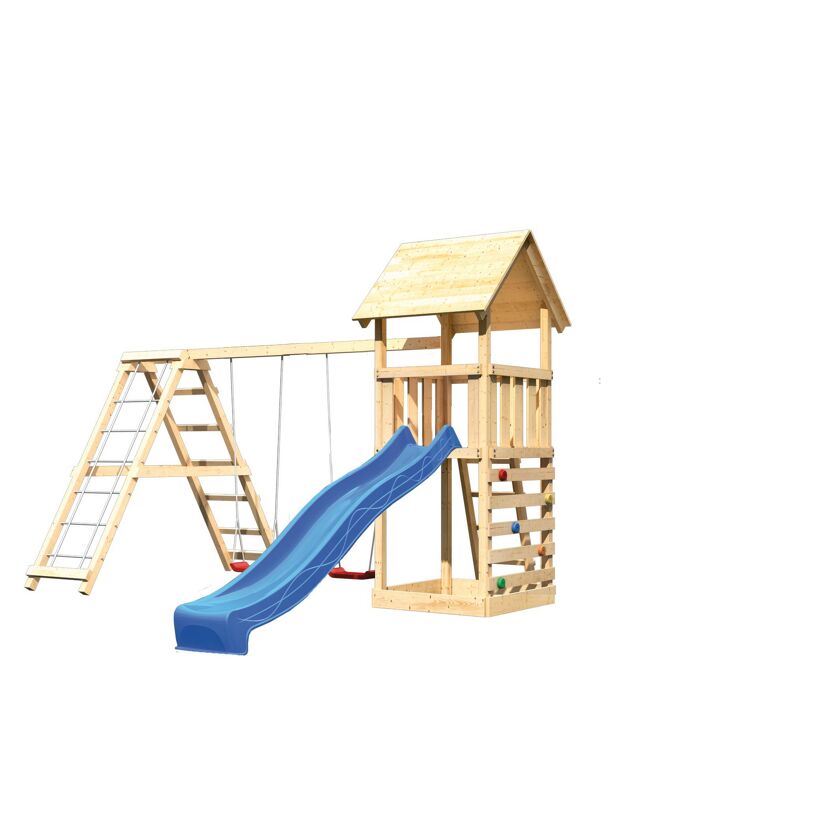 Hölzernes Spielgerät mit Schaukel und Rutsche