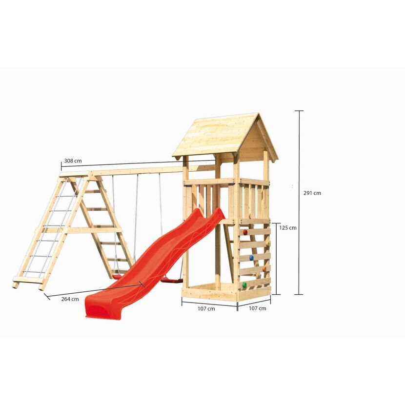 Hölzerner Spielturm mit Rutsche und Schaukel