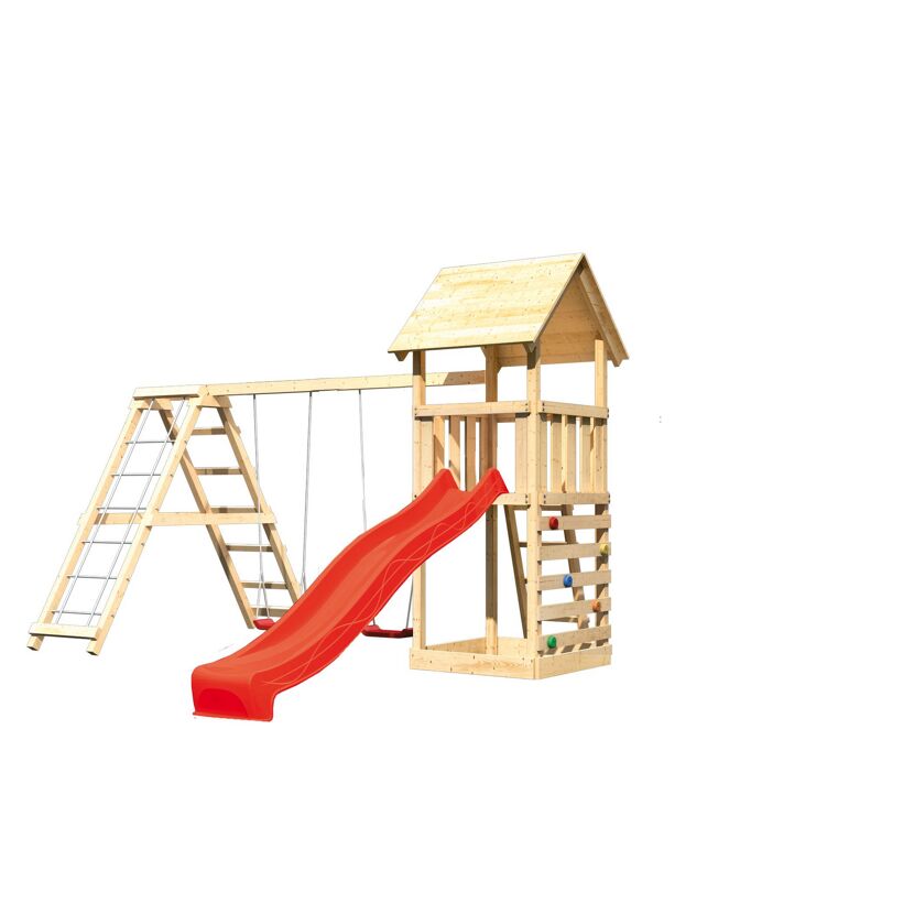 Hölzernes Spielgerät mit Rutsche und Schaukel