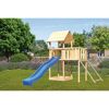 Spielturm aus Holz mit blauer Rutsche