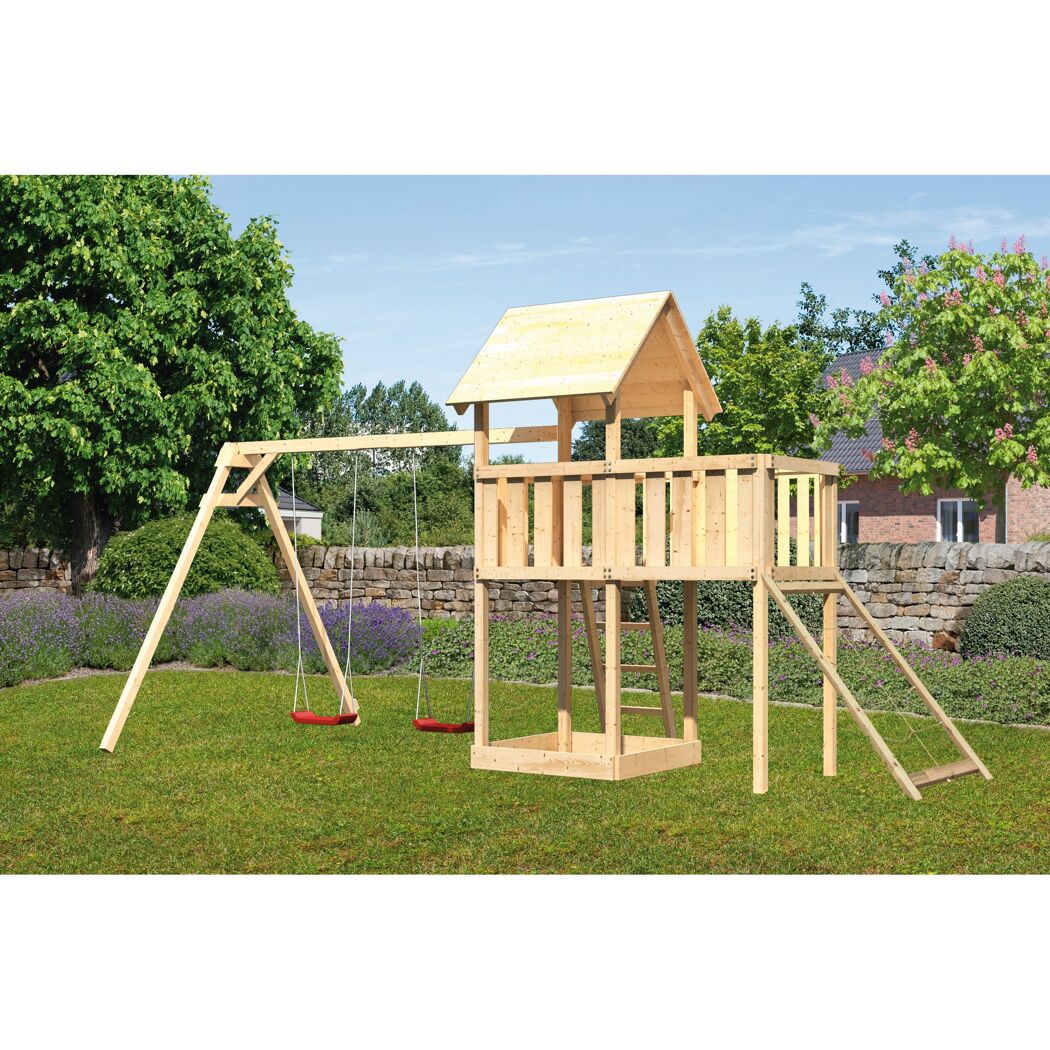 Hölzerner Spielturm mit Schaukel und Rutsche