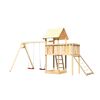 Hölzerner Spielturm mit Schaukel und Rutsche