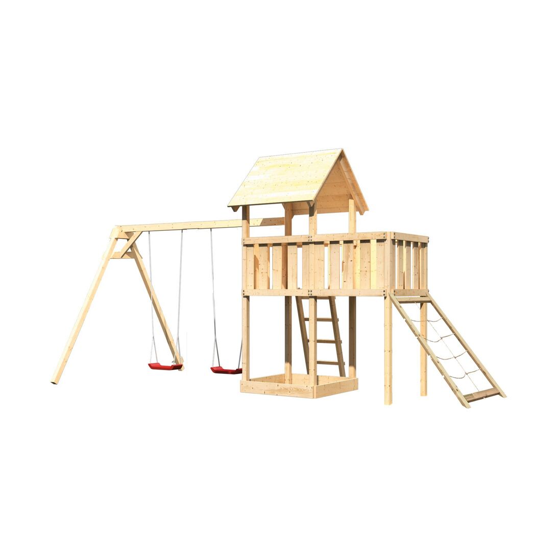 Hölzerner Spielturm mit Schaukel und Rutsche