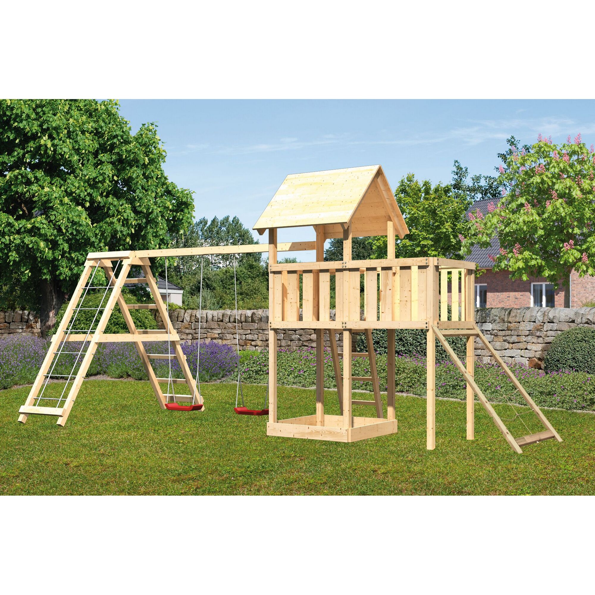 Hölzerner Spielturm mit Schaukel und Rutsche