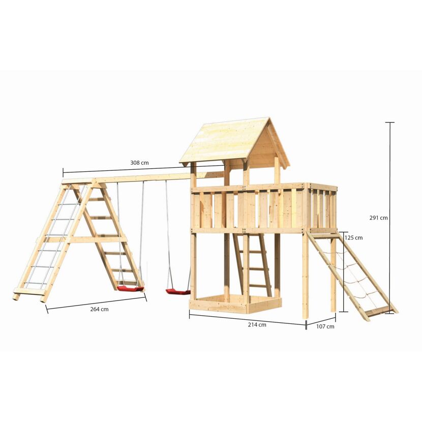 Hölzerner Spielturm mit Schaukel und Rutsche