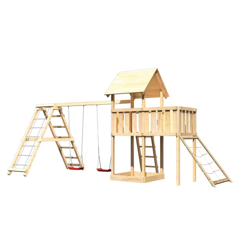 Hölzernes Spielgerät mit Schaukel und Rutsche