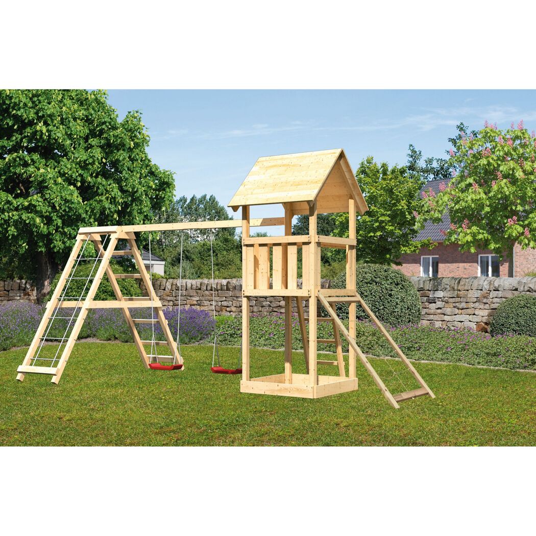 Hölzerner Spielturm mit Schaukel und Rutsche