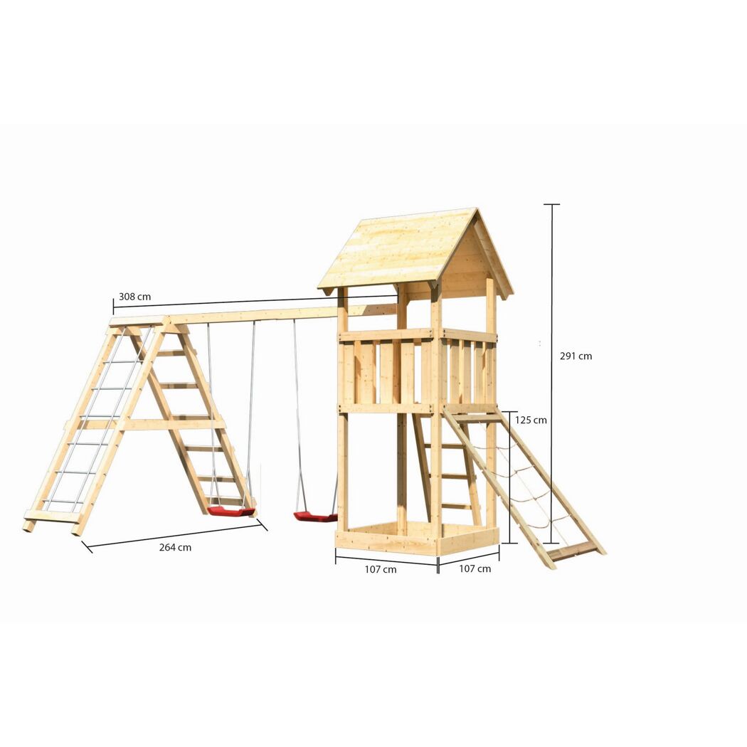 Hölzerner Spielturm mit Schaukel und Leiter