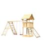 Hölzerner Spielturm mit Schaukel und Rutsche