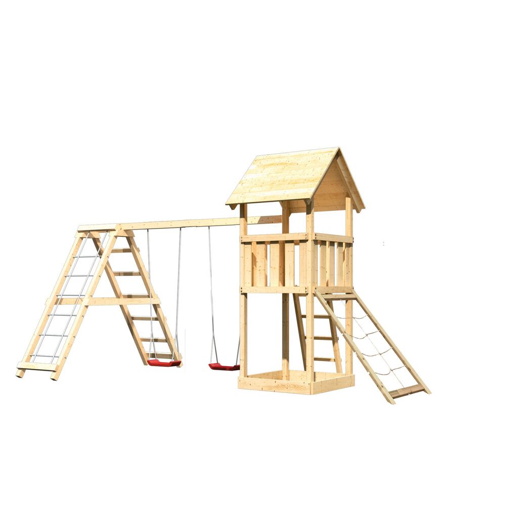 Hölzerner Spielturm mit Schaukel und Rutsche