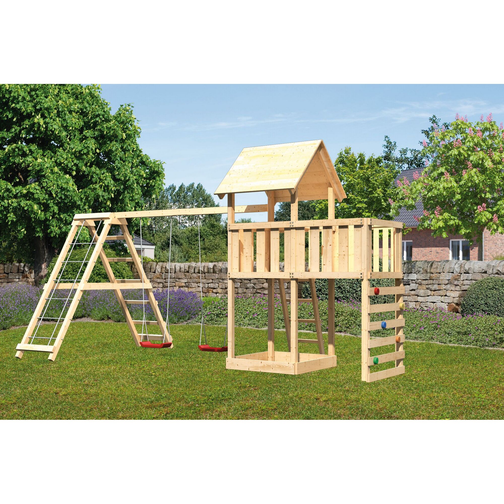 Hölzerner Spielturm mit Schaukel und Kletterwand