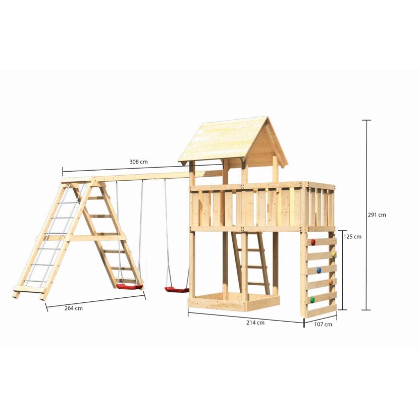 Hölzerner Spielturm mit Schaukel und Kletterwand