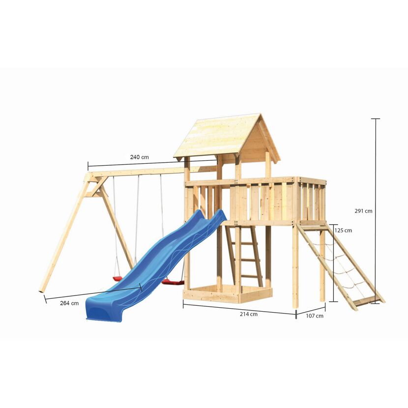 Hölzerner Spielturm mit Rutsche und Schaukel