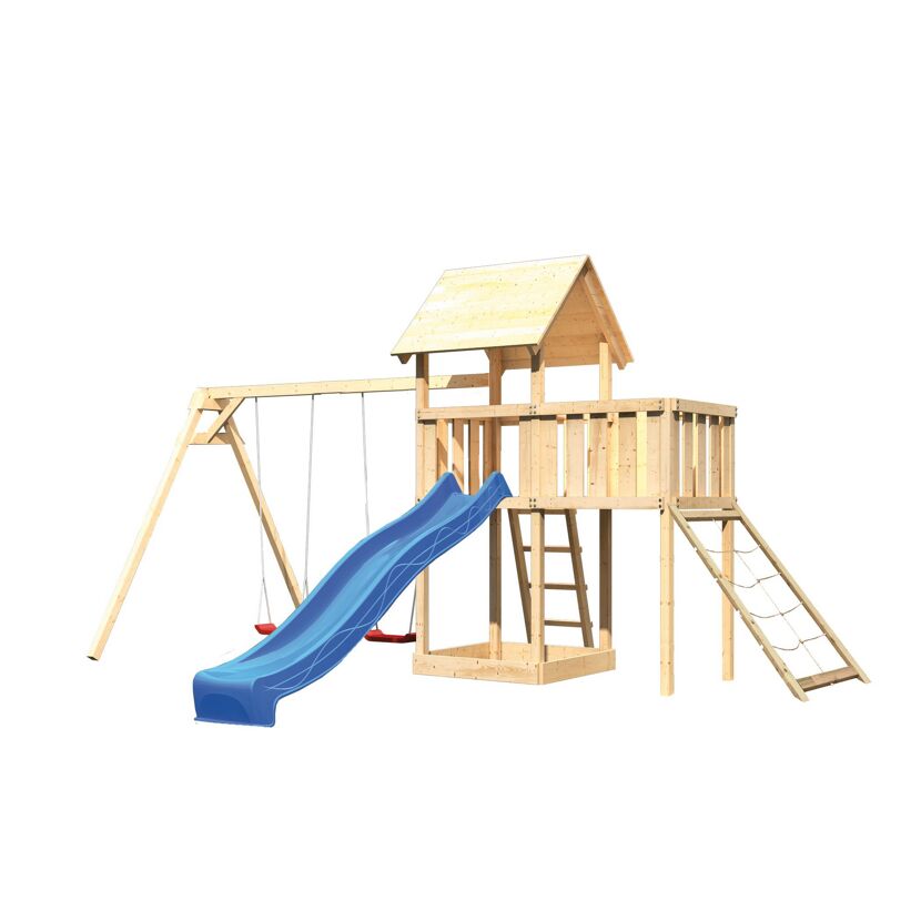 Hölzernes Spielgerät mit Schaukel und Rutsche