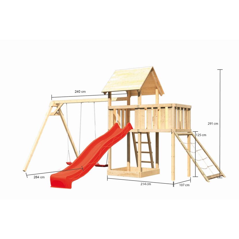 Holzspielplatz mit Rutsche und Schaukel
