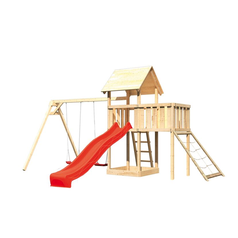 Hölzerner Spielturm mit Rutsche und Schaukel