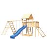 Hölzerner Spielturm mit blauer Rutsche