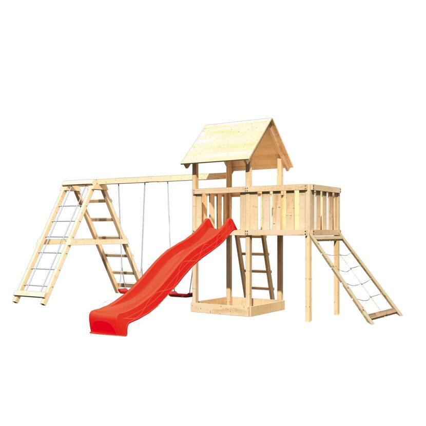 Hölzerner Spielturm mit Rutsche und Schaukel