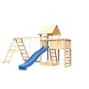 Hölzerner Spielturm mit Rutsche und Schaukel