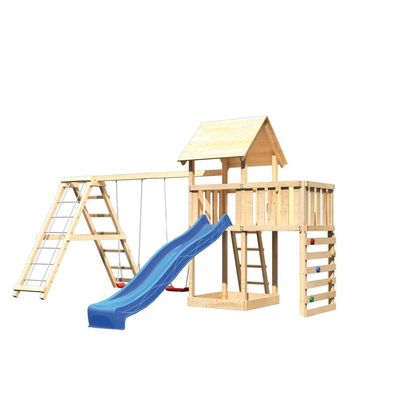 Hölzerner Spielturm mit Rutsche und Schaukel